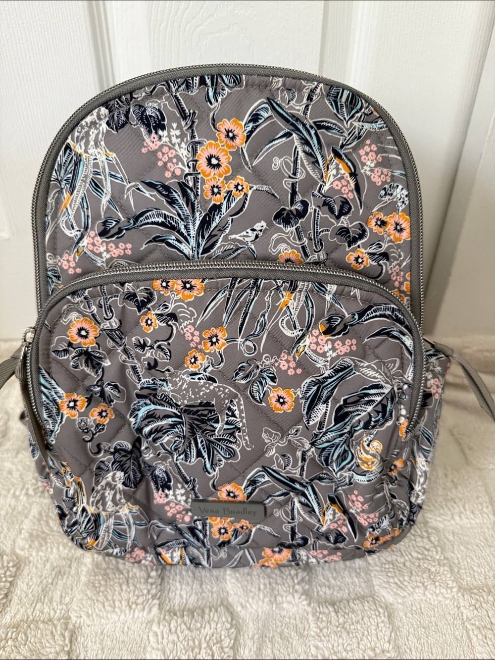 Vera Bradley Gray Floral Quilted Mini Backpack with Yellow Accents
